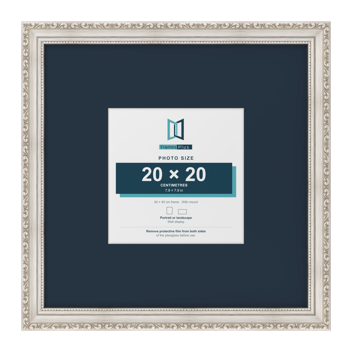 Louis Range Silver Picture, Photo & Poster Frame with Pacific Blue Mount - 40x40cm Frame for 20x20cm Photo, Silver