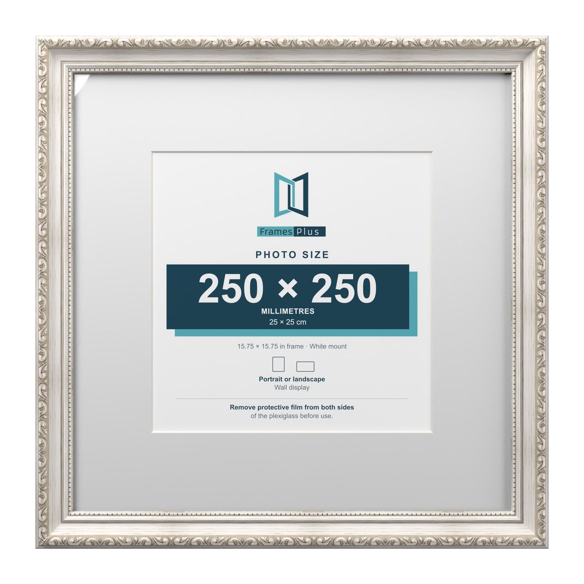 Louis Range Silver Picture, Photo & Poster Frame with White Mount - 40x40cm Frame for 25x25cm Photo, Silver