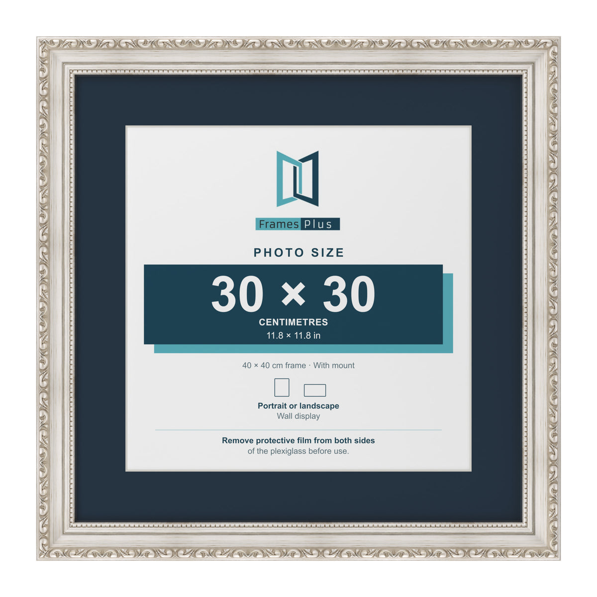 Louis Range Silver Picture, Photo & Poster Frame with Pacific Blue Mount - 40x40cm Frame for 30x30cm Photo, Silver