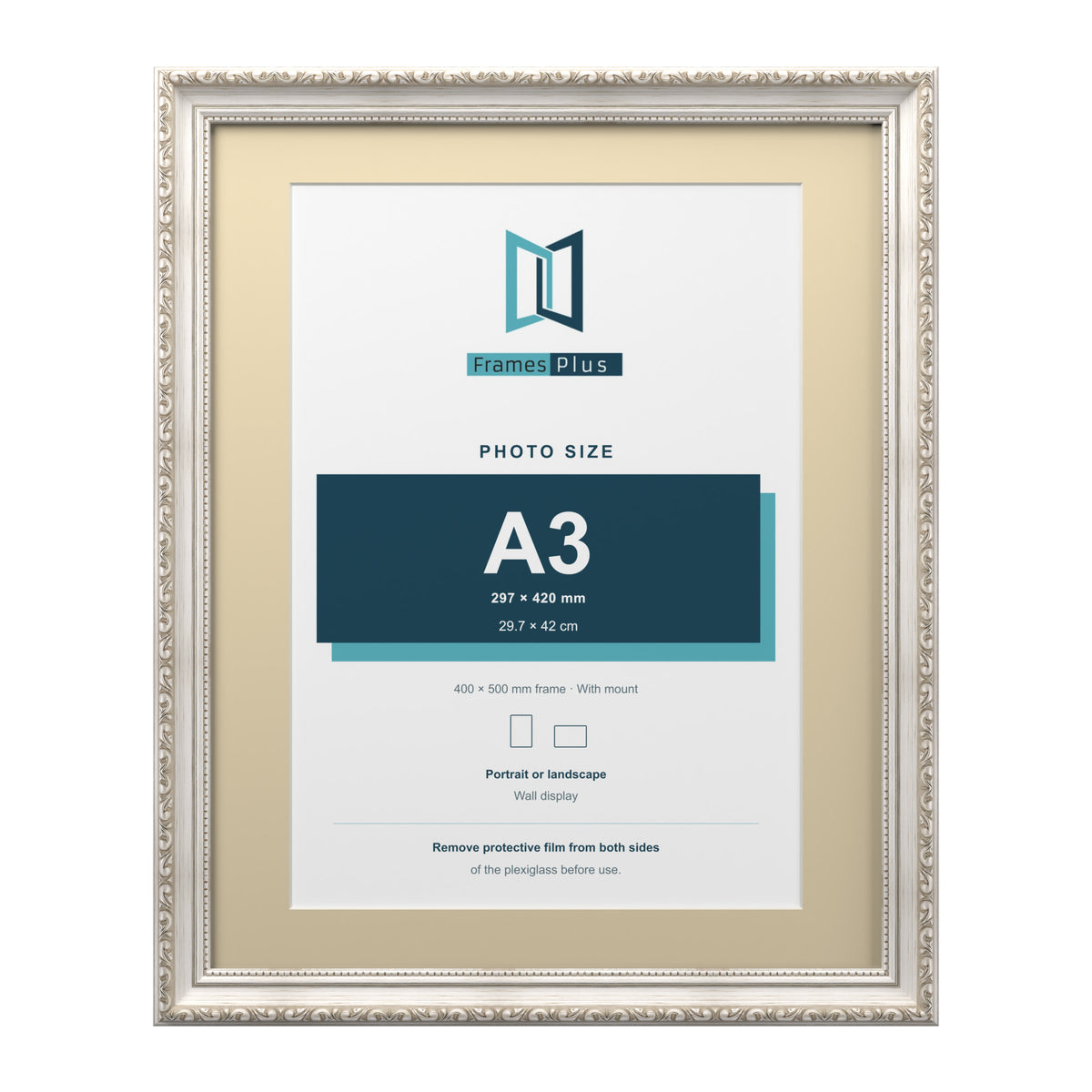 Louis Range Silver Picture, Photo & Poster Frame with Ivory Mount - 50x40cm Frame for A3 Photo, Silver
