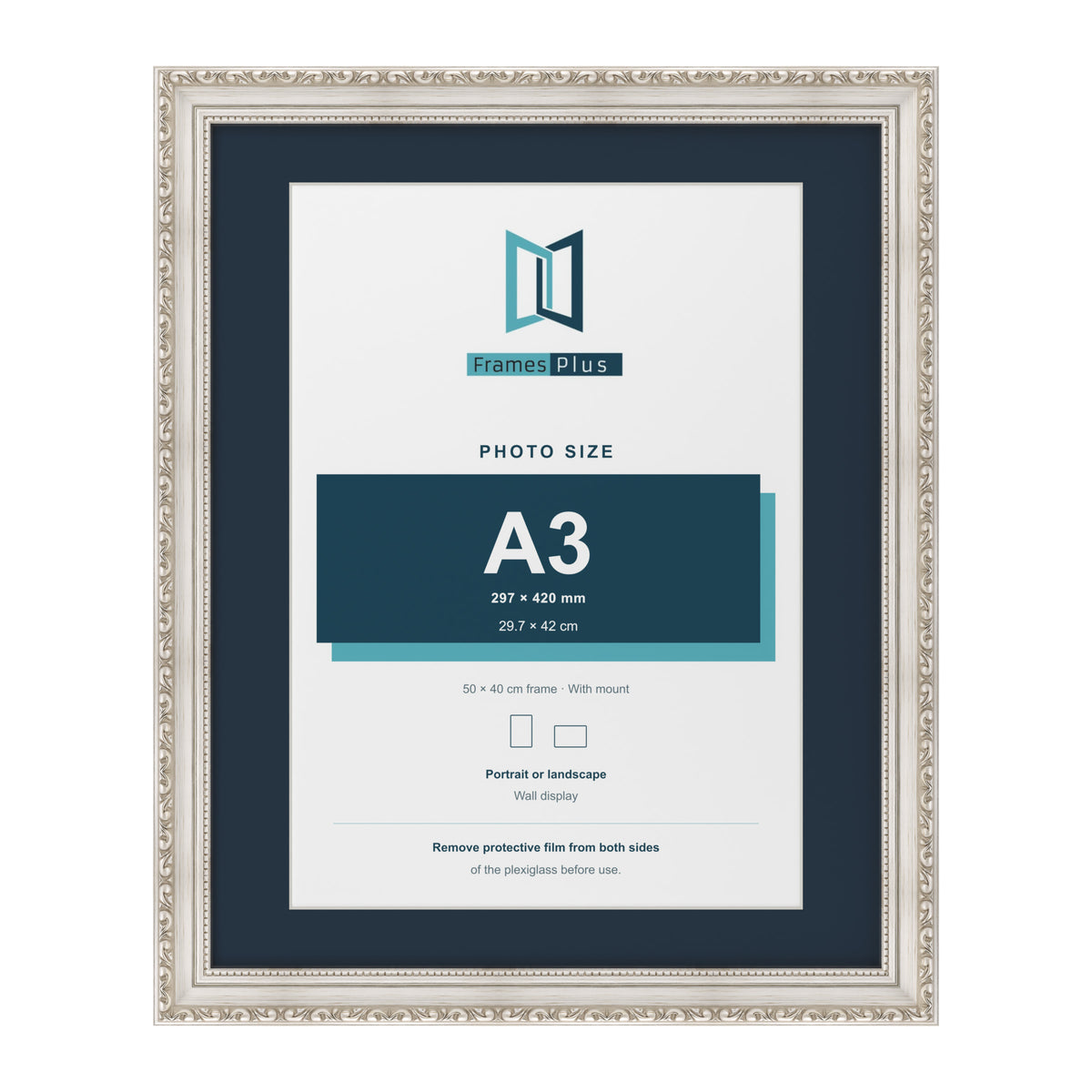 Louis Range Silver Picture, Photo & Poster Frame with Pacific Blue Mount - 50x40cm Frame for A3 Photo, Silver