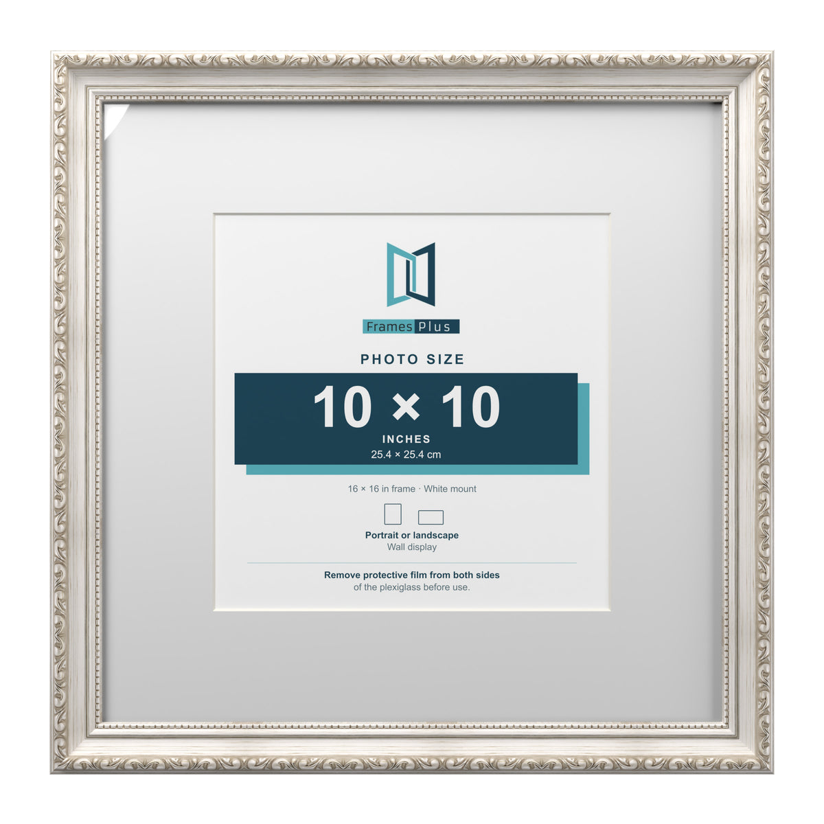 Louis Range Silver Picture, Photo & Poster Frame with White Mount - 16x16" Frame for 10x10" Photo, Silver
