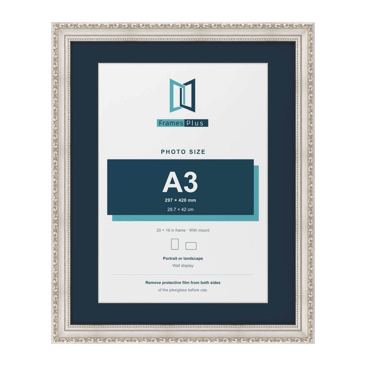 Louis Range Silver Picture, Photo & Poster Frame with Pacific Blue Mount - 20x16" Frame for A3 Photo, Silver