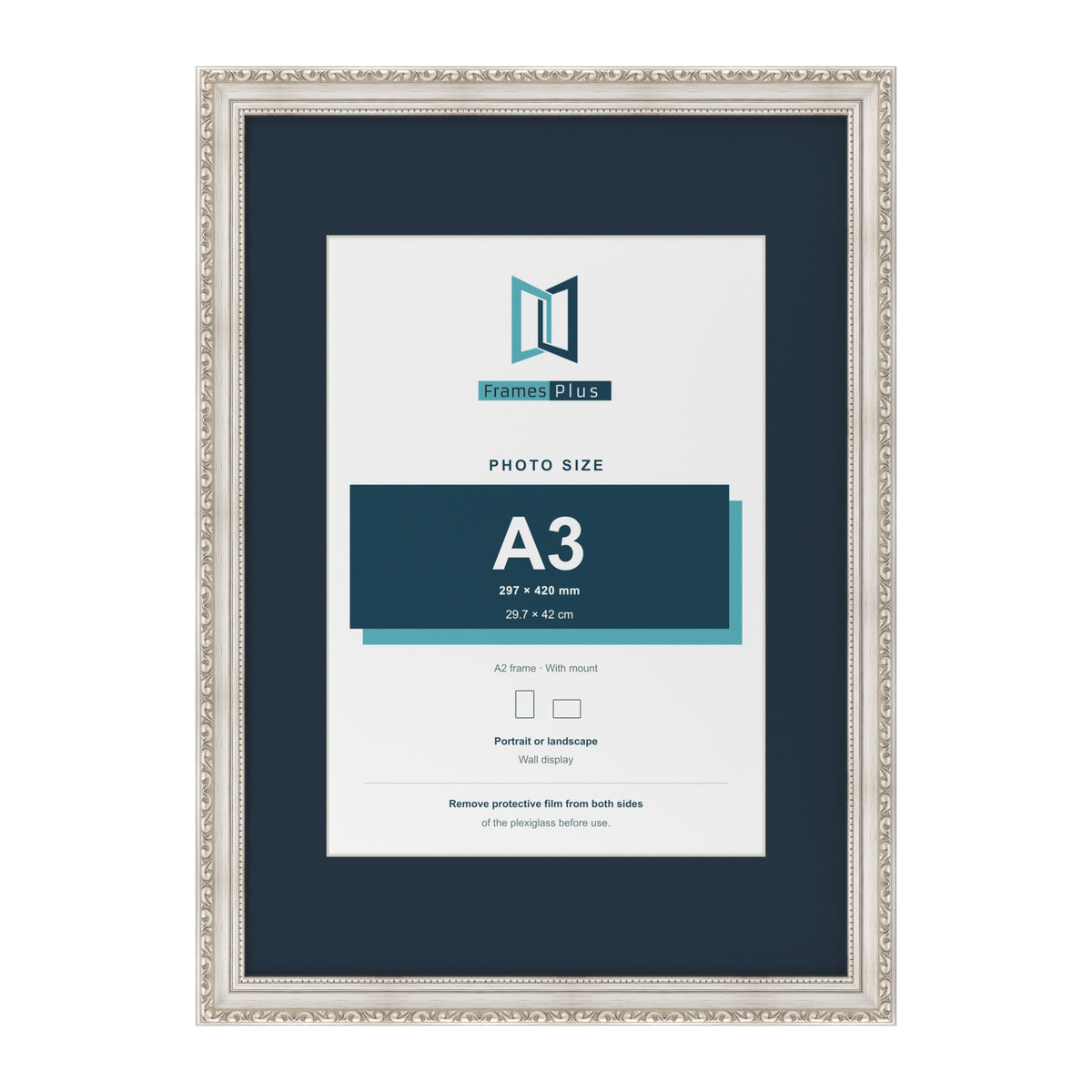 Louis Range Silver Picture, Photo & Poster Frame with Pacific Blue Mount - A2 Frame for A3 Photo, Silver