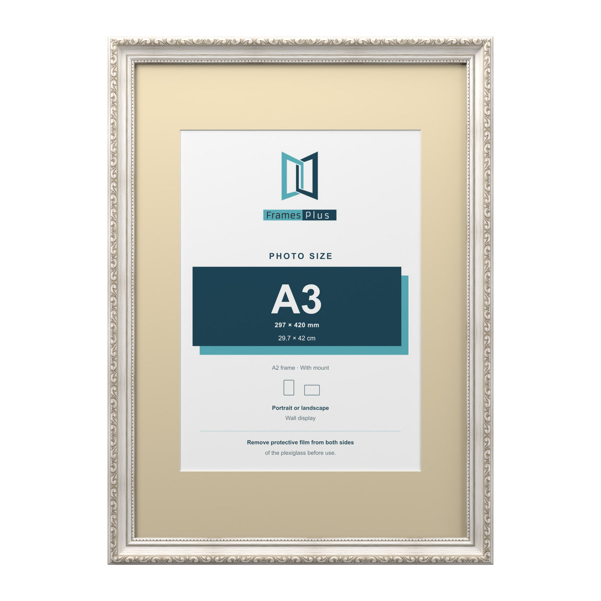 Louis Range Silver Picture, Photo & Poster Frame with Ivory Mount - A2 Frame for A3 Photo, Silver