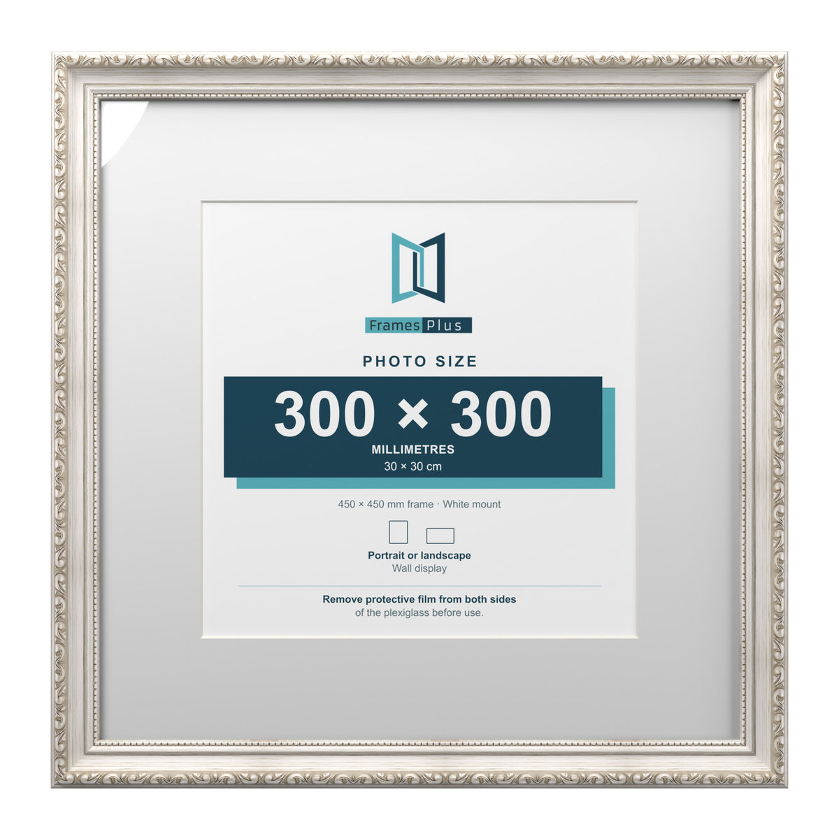 Louis Range Silver Picture, Photo & Poster Frame with White Mount - 45x45cm Frame for 30x30cm Photo, Silver