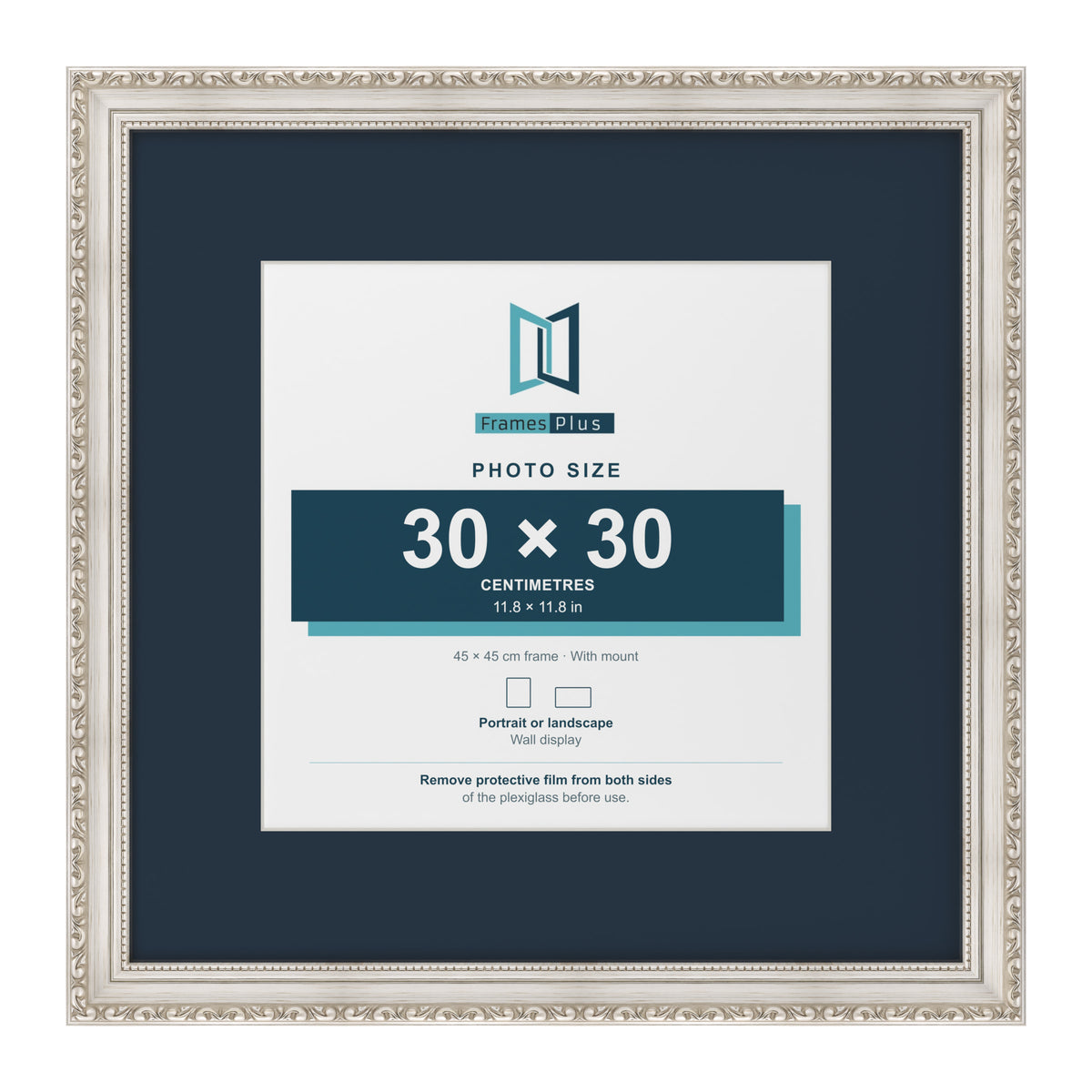Louis Range Silver Picture, Photo & Poster Frame with Pacific Blue Mount - 45x45cm Frame for 30x30cm Photo, Silver