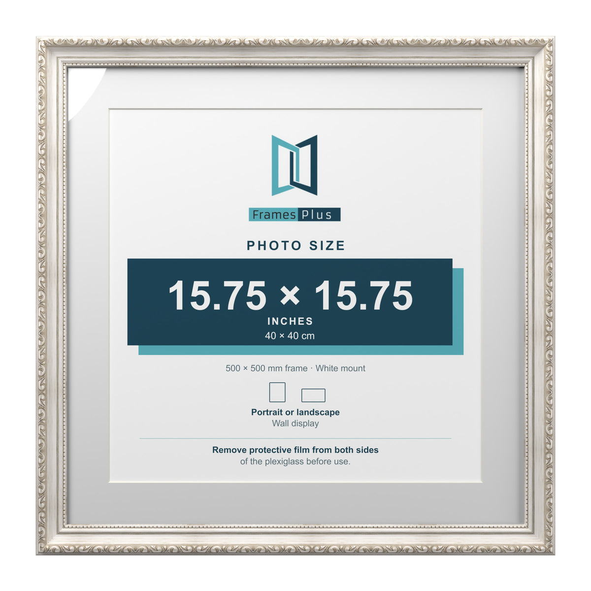 Louis Range Silver Picture, Photo & Poster Frame with White Mount - 50x50cm Frame for 40x40cm Photo, Silver