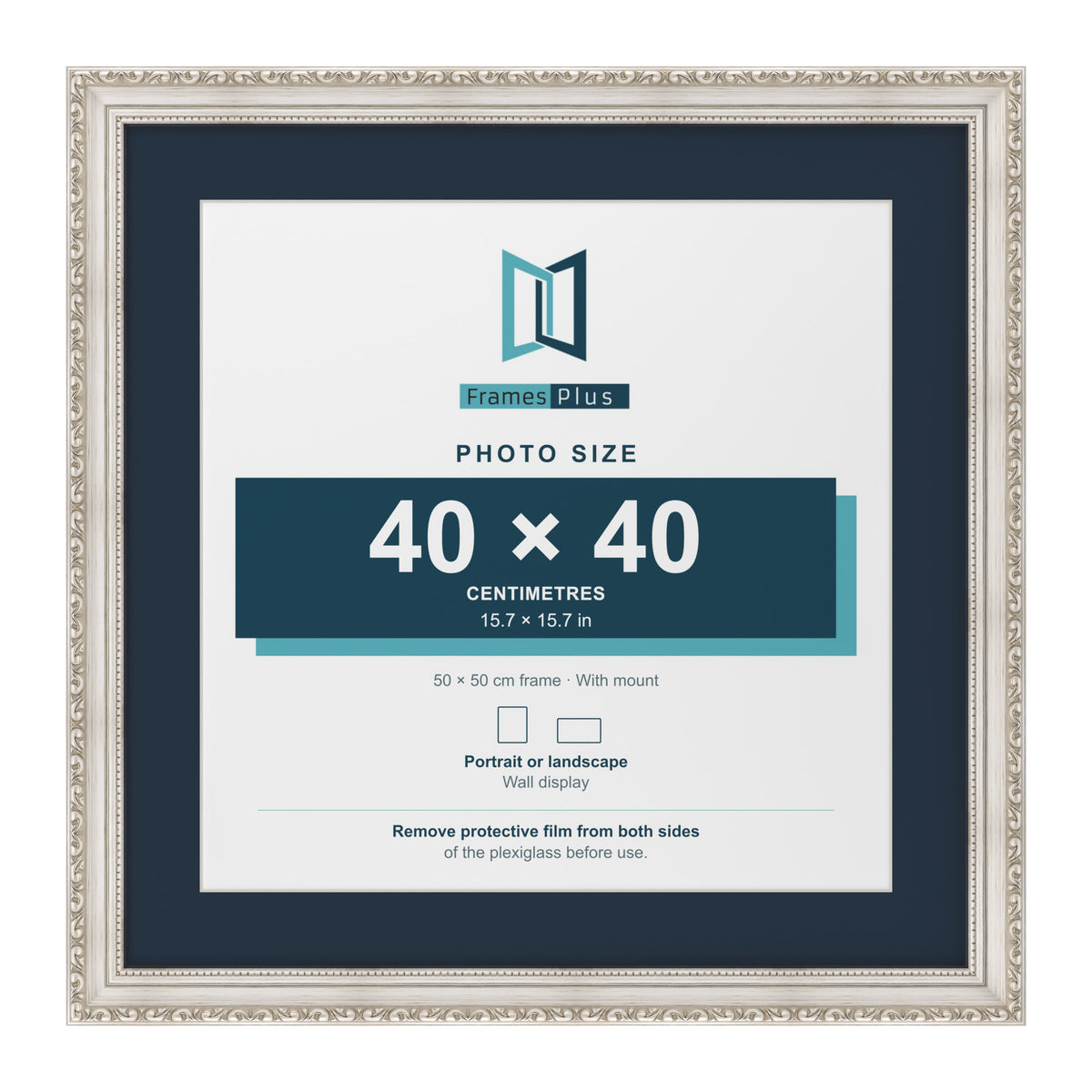 Louis Range Silver Picture, Photo & Poster Frame with Pacific Blue Mount - 50x50cm Frame for 40x40cm Photo, Silver