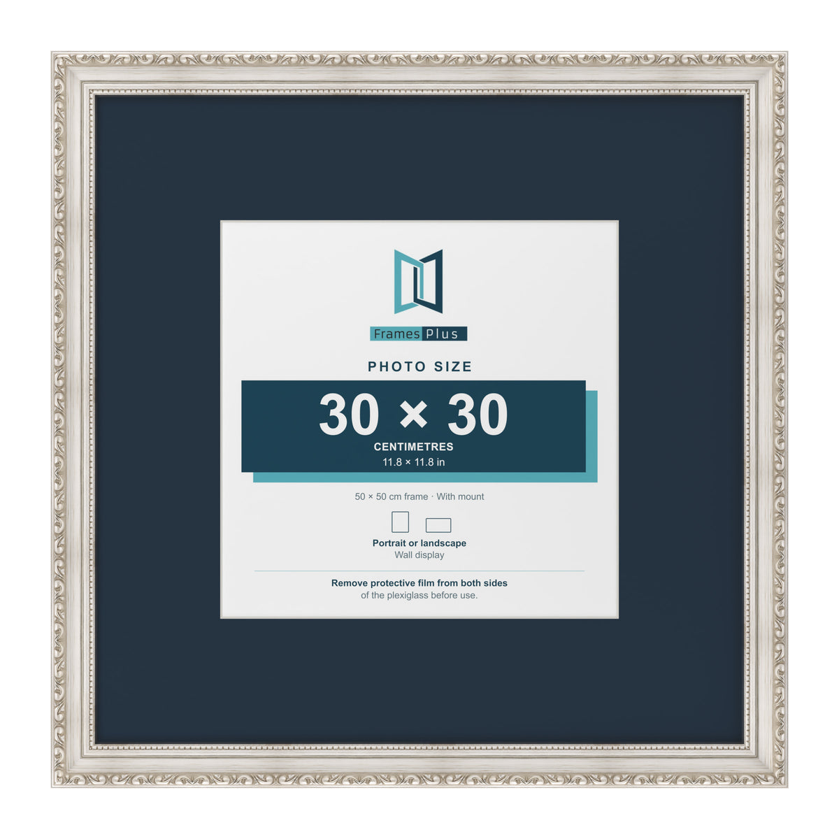 Louis Range Silver Picture, Photo & Poster Frame with Pacific Blue Mount - 50x50cm Frame for 30x30cm Photo, Silver