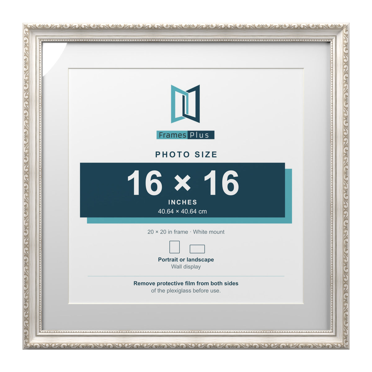 Louis Range Silver Picture, Photo & Poster Frame with White Mount - 20x20" Frame for 16x16" Photo, Silver