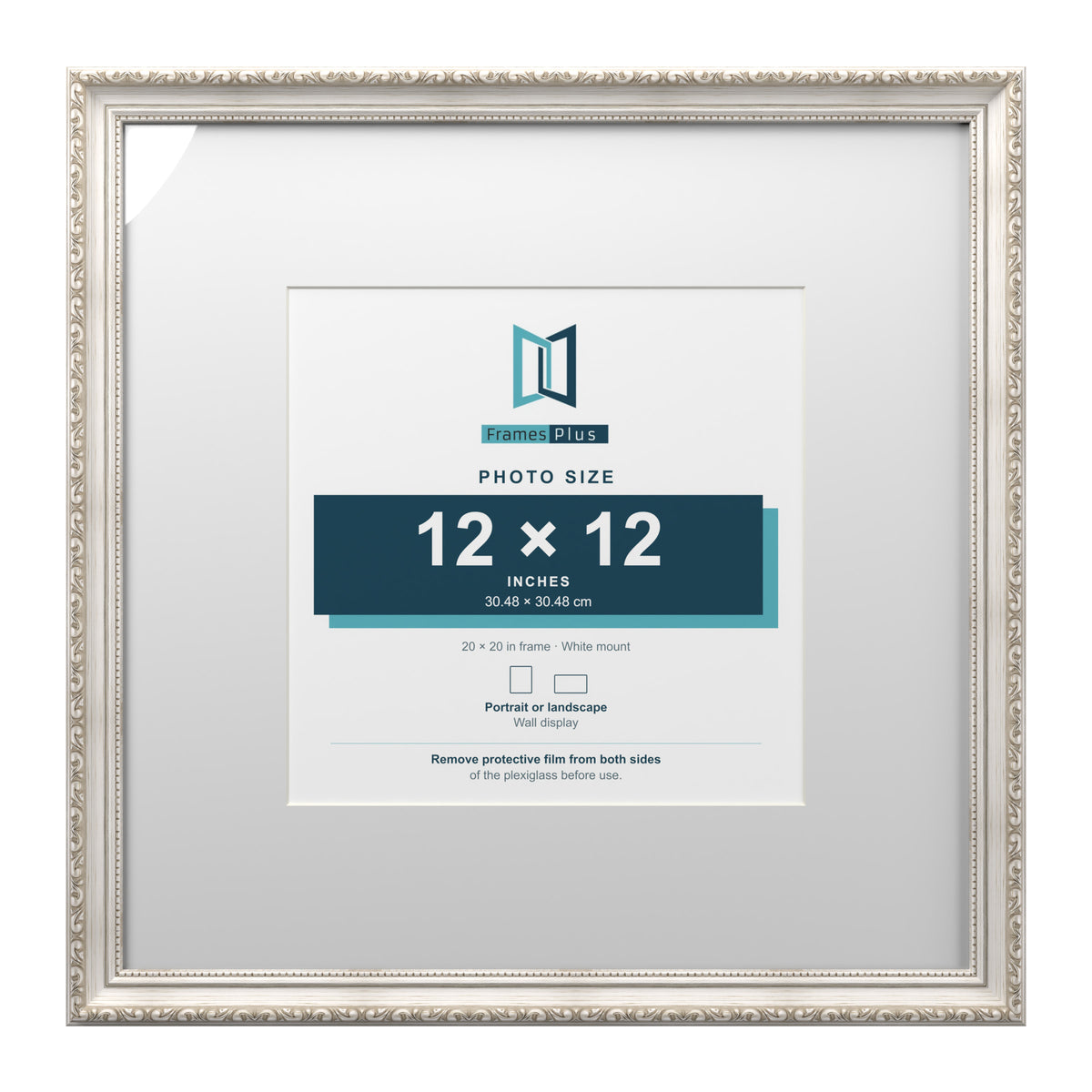 Louis Range Silver Picture, Photo & Poster Frame with White Mount - 20x20" Frame for 12x12" Photo, Silver