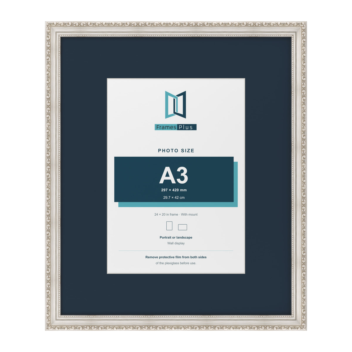 Louis Range Silver Picture, Photo & Poster Frame with Pacific Blue Mount - 24x20" Frame for A3 Photo, Silver