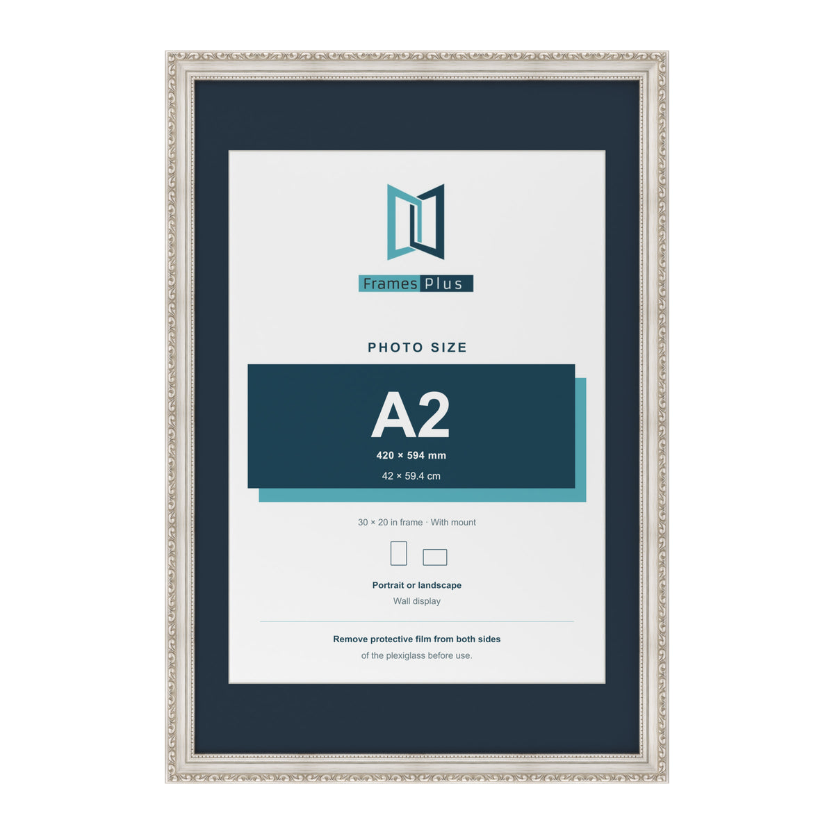 Louis Range Silver Picture, Photo & Poster Frame with Pacific Blue Mount - 30x20" Frame for A2 Photo, Silver