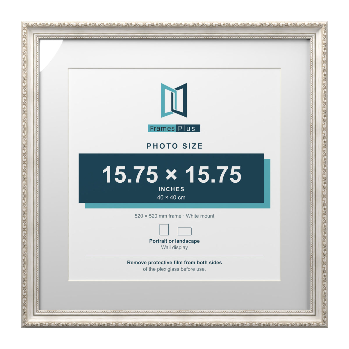 Louis Range Silver Picture, Photo & Poster Frame with White Mount - 52x52cm Frame for 40x40cm Photo, Silver