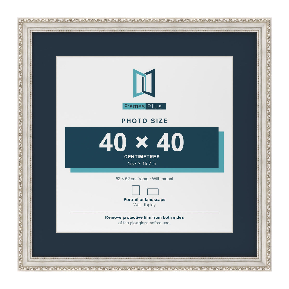 Louis Range Silver Picture, Photo & Poster Frame with Pacific Blue Mount - 52x52cm Frame for 40x40cm Photo, Silver