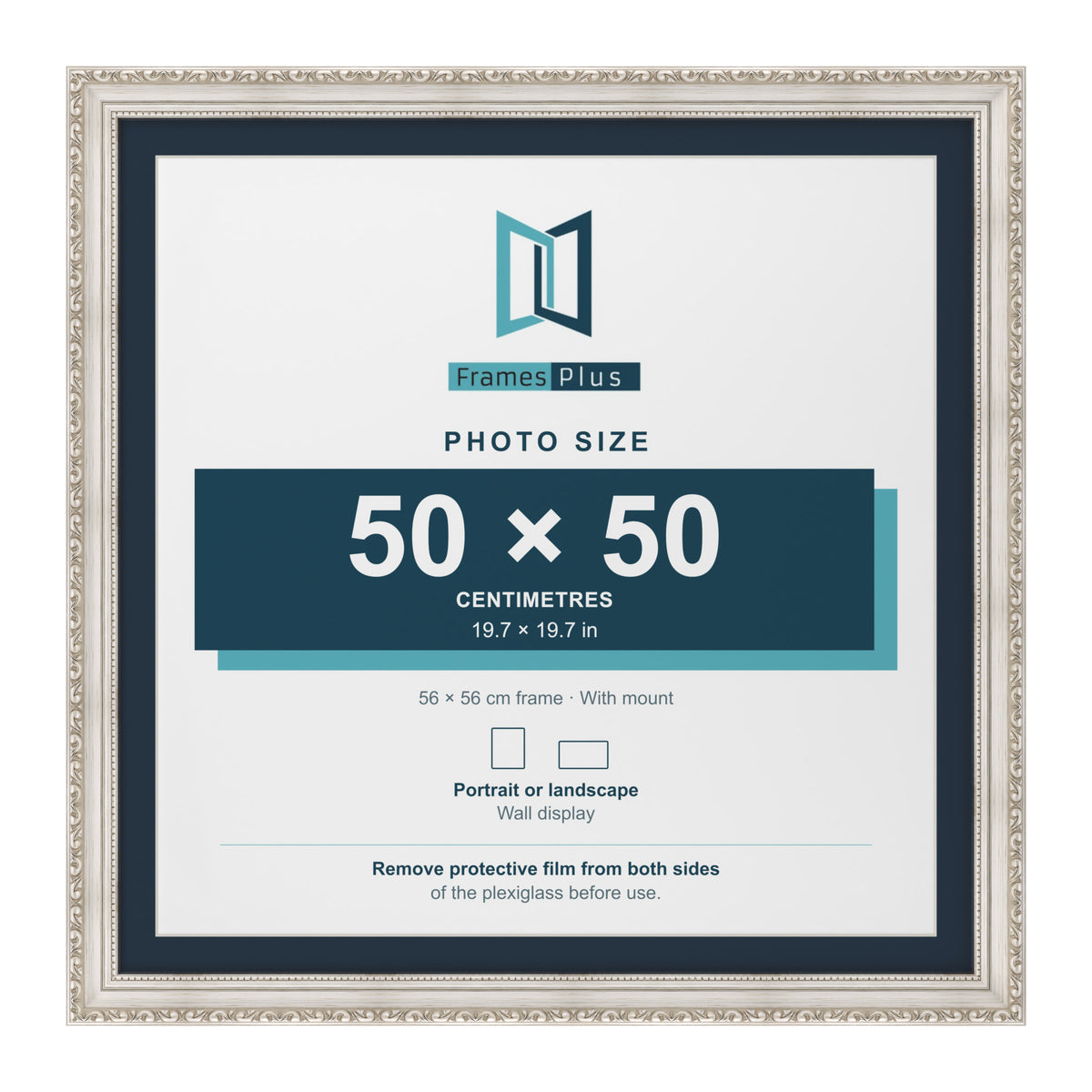 Louis Range Silver Picture, Photo & Poster Frame with Pacific Blue Mount - 56x56cm Frame for 50x50cm Photo, Silver