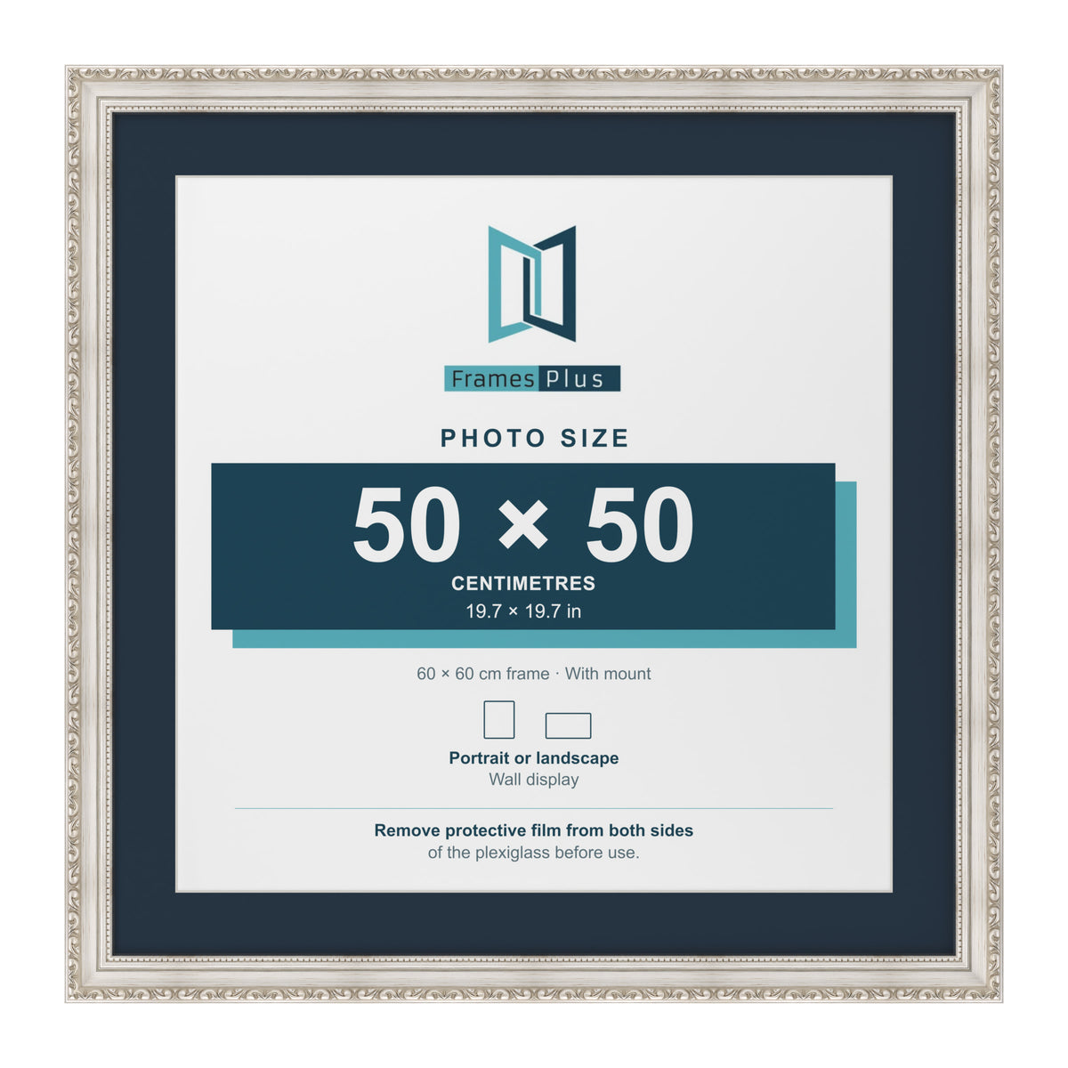 Louis Range Silver Picture, Photo & Poster Frame with Pacific Blue Mount - 60x60cm Frame for 50x50cm Photo, Silver