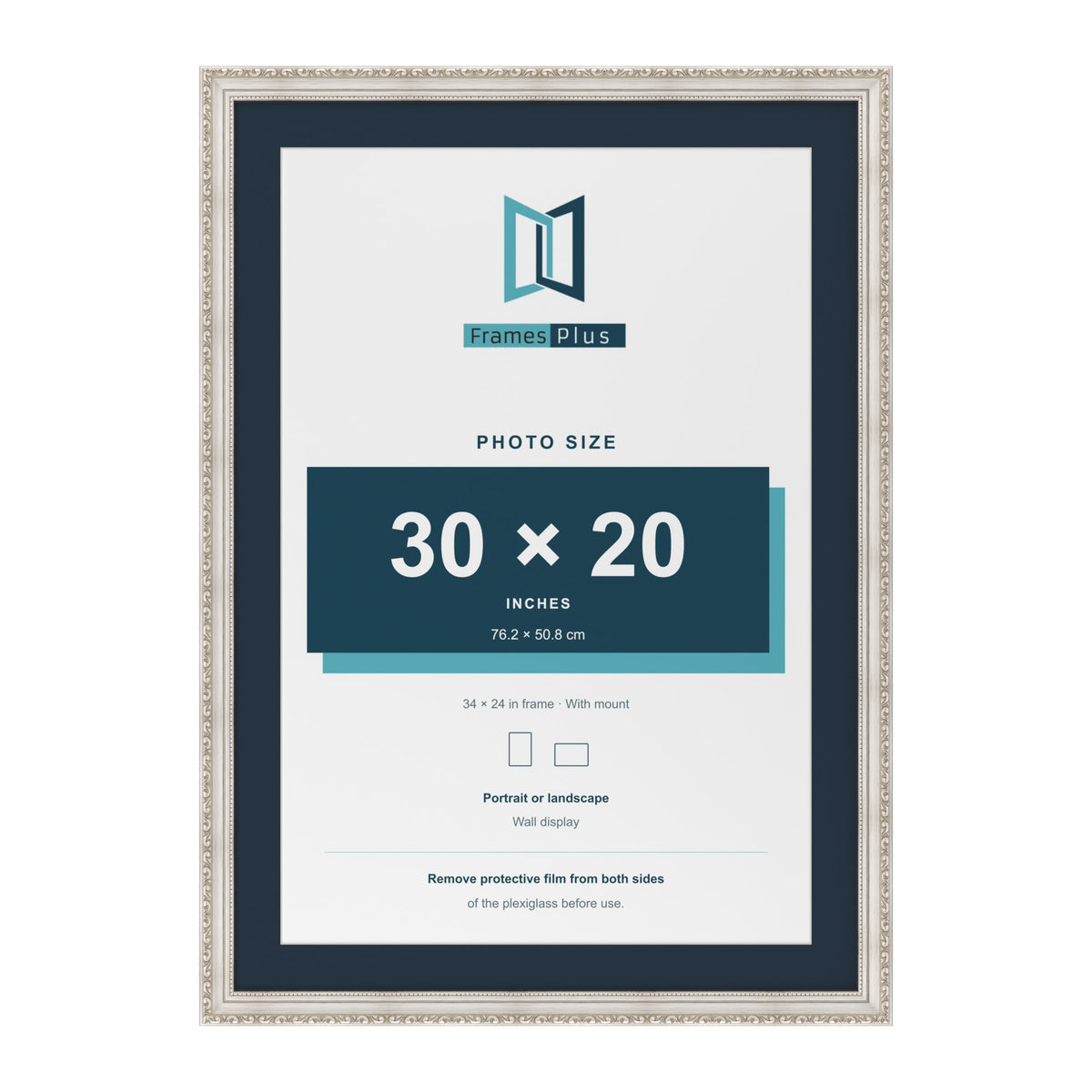 Louis Range Silver Picture, Photo & Poster Frame with Pacific Blue Mount - 34x24" Frame for 30x20" Photo, Silver