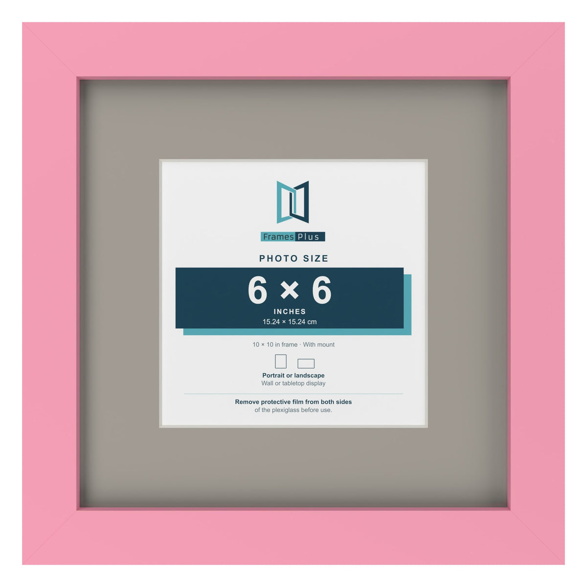 Baby Pink 10 x 10 inch picture frame with a Dawn Grey mount for a 6 x 6 inch photo