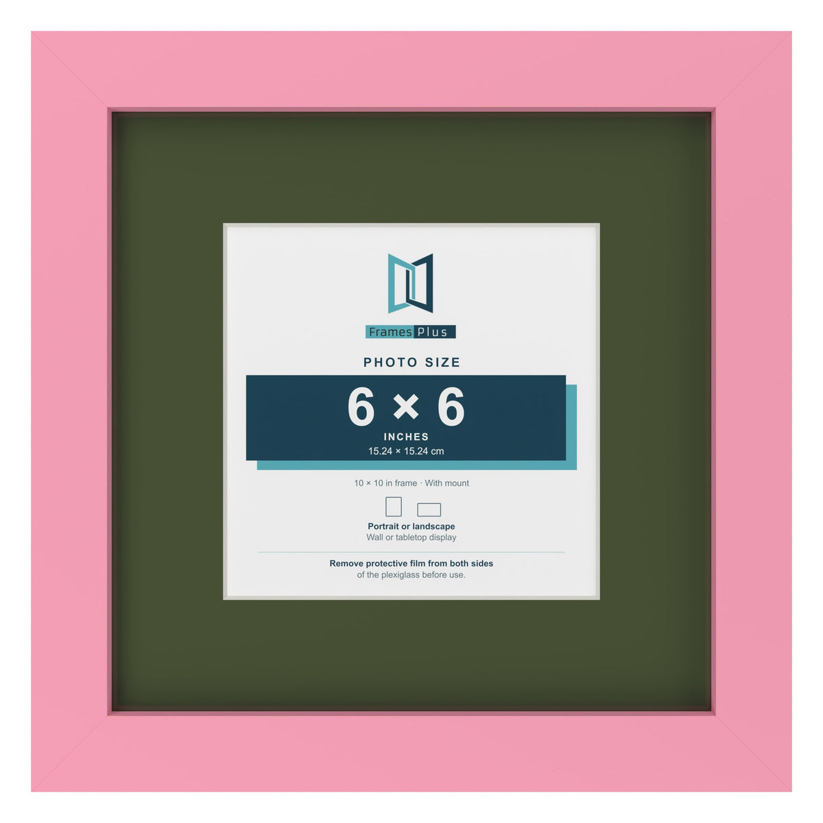 Baby Pink 10 x 10 inch picture frame with a green mount for a 6 x 6 inch photo