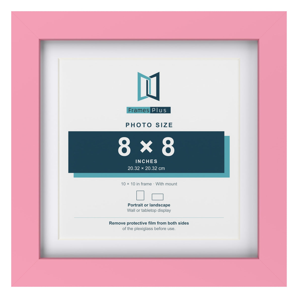 Baby Pink 10 x 10 inch picture frame with a white mount for a 8 x 8 inch photo