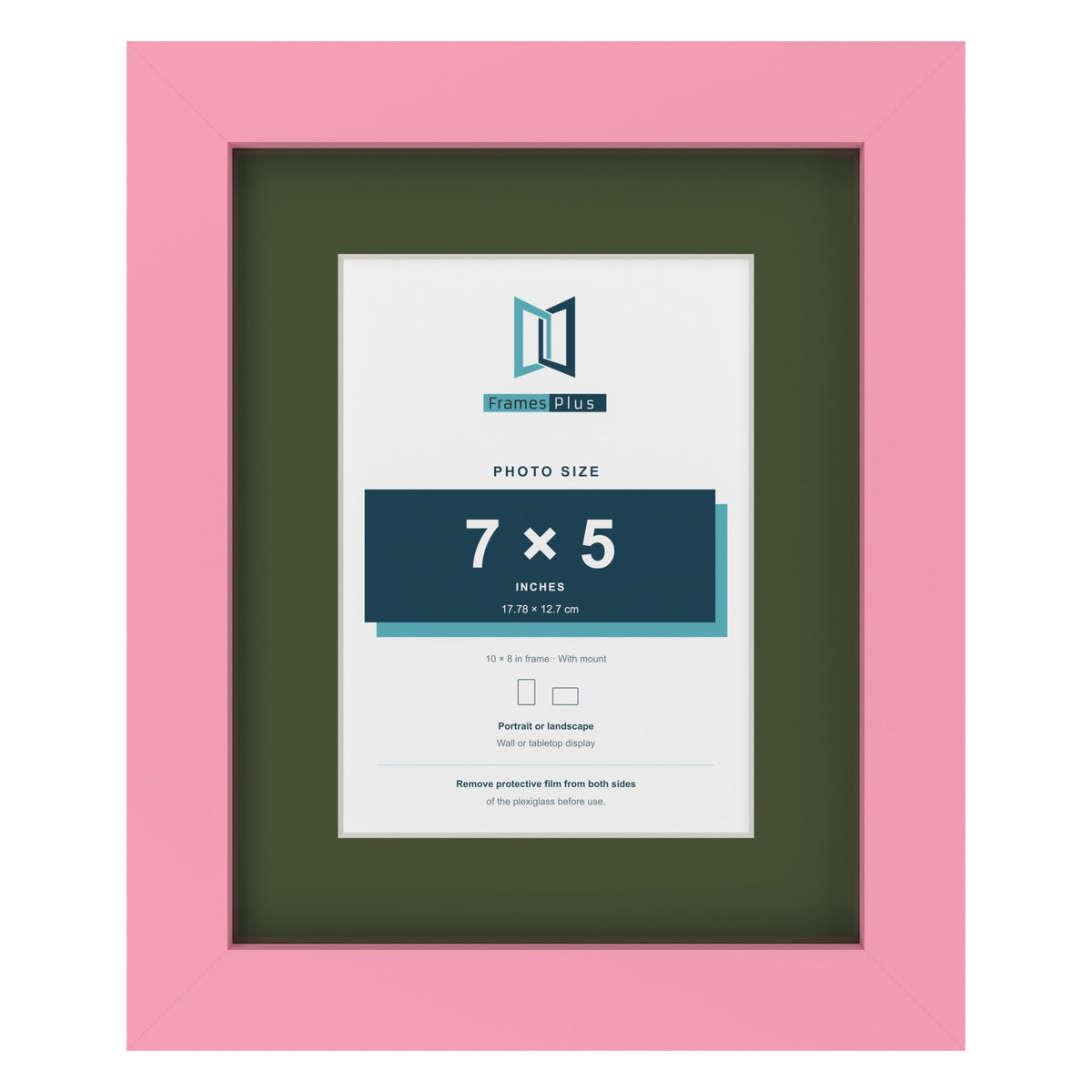 Baby Pink 10 x 8 inch picture frame with a green mount for a 7 x 5 inch photo