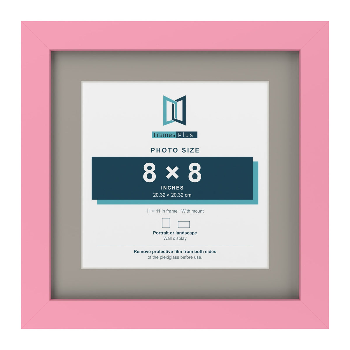 Baby Pink 11 x 11 inch picture frame with a Dawn Grey mount for an 8 x 8 inch photo