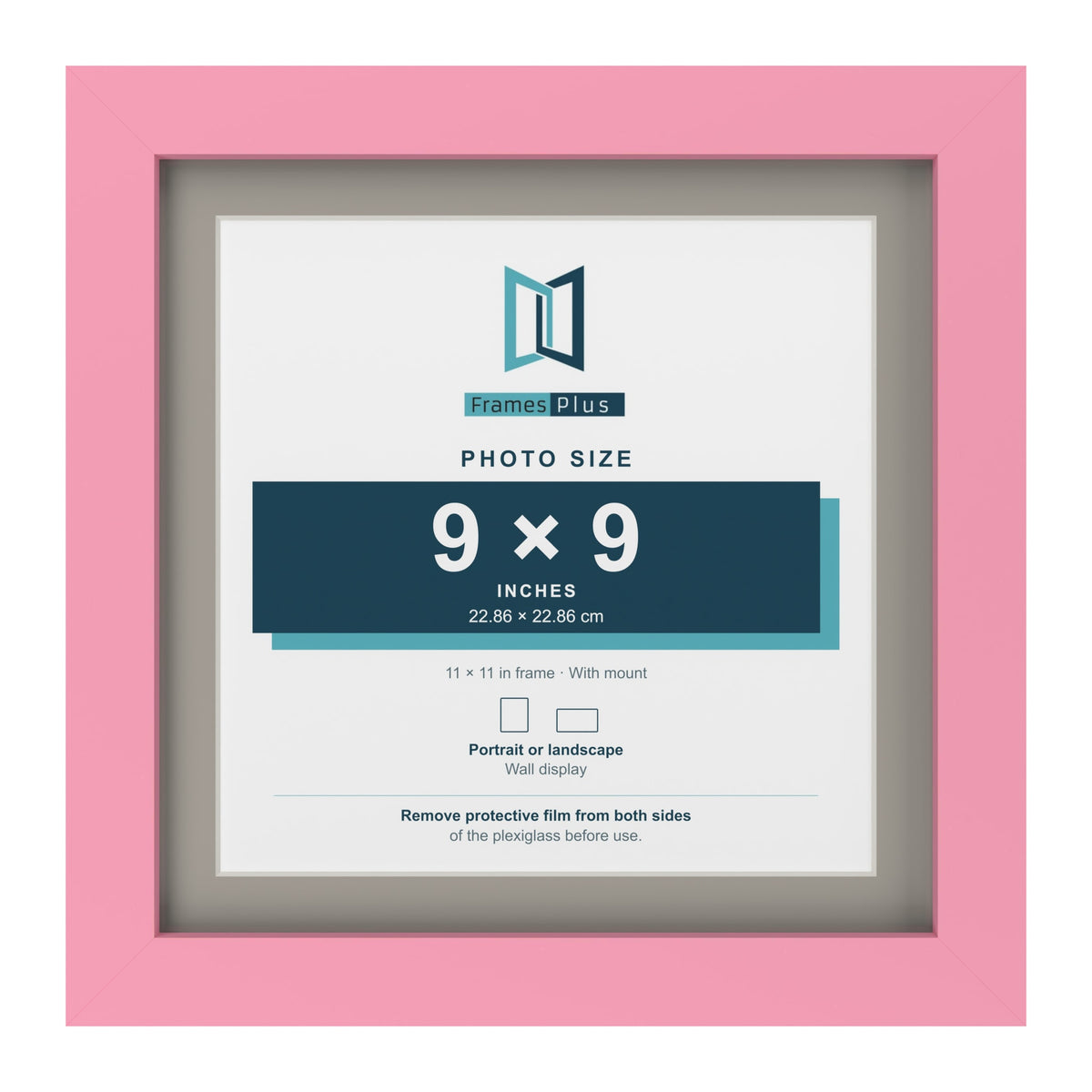 Baby Pink 11 x 11 inch picture frame with a Dawn Grey mount for a 9 x 9 inch photo