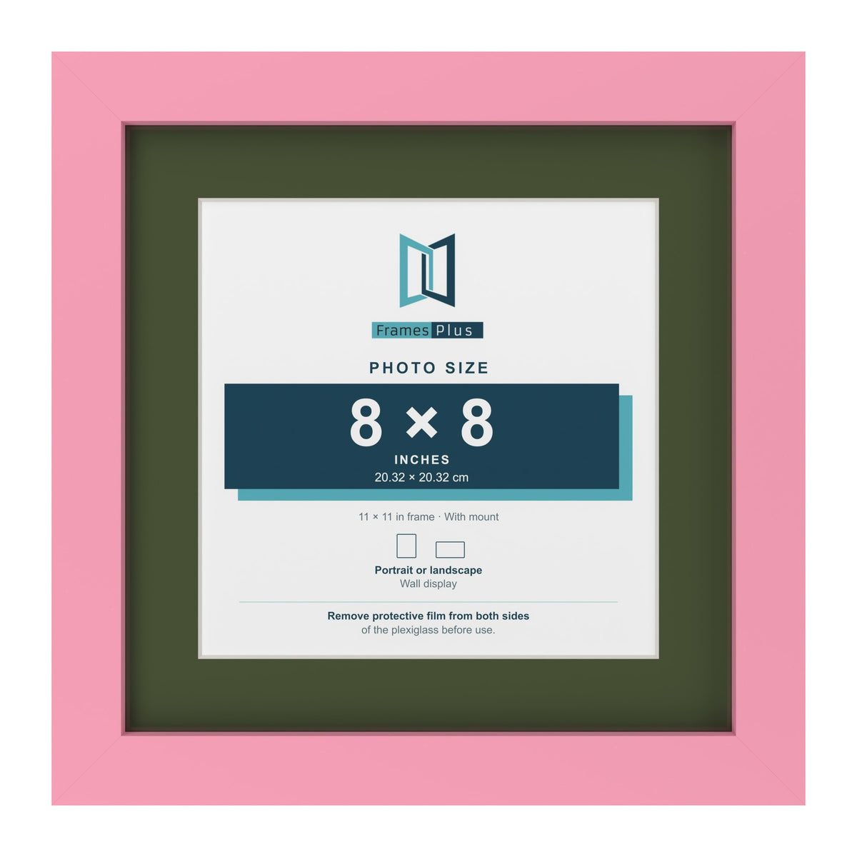 Baby Pink 11 x 11 inch picture frame with a green mount for an 8 x 8 inch photo