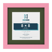 Baby Pink 11 x 11 inch picture frame with a green mount for an 8 x 8 inch photo