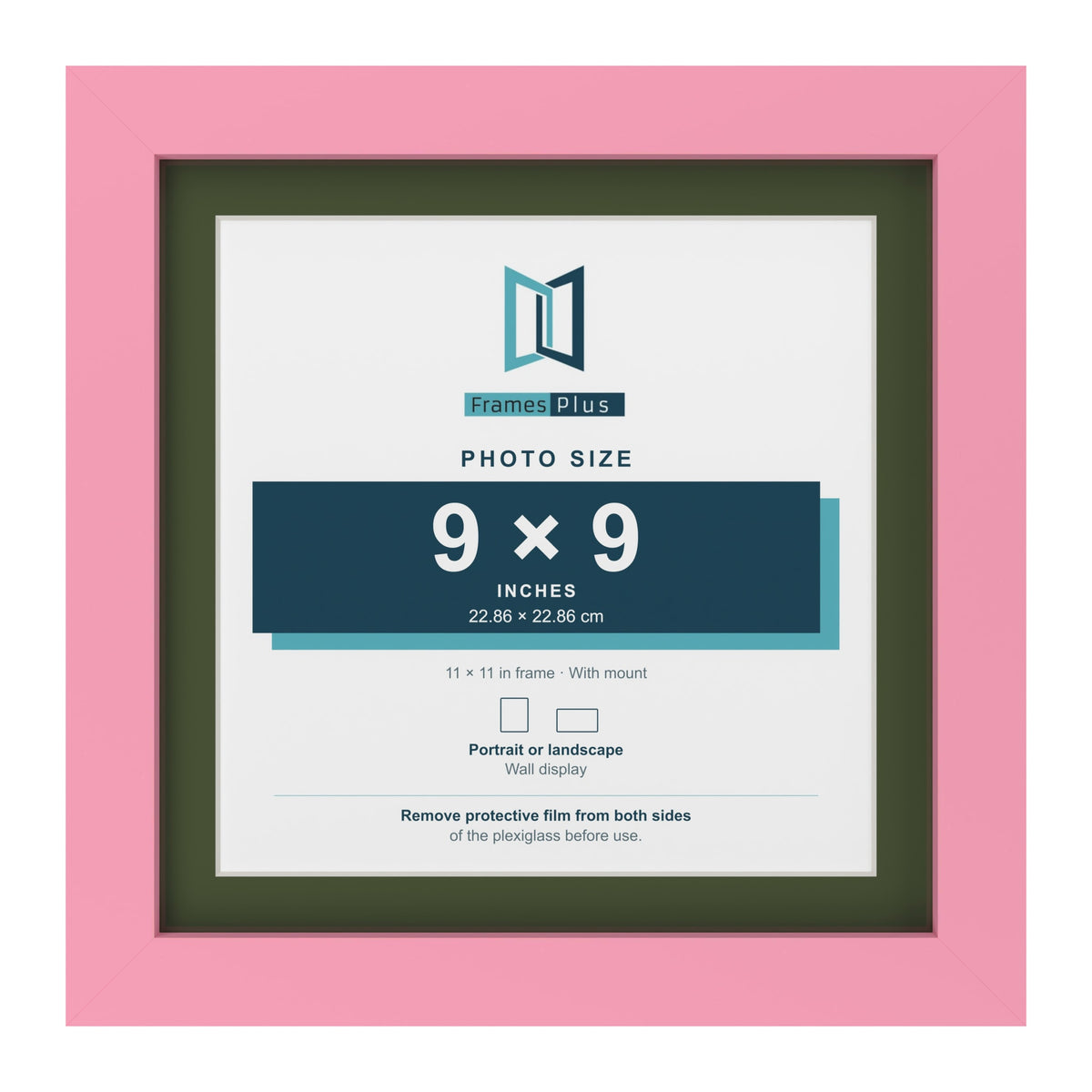 Baby Pink 11 x 11 inch picture frame with a green mount for a 9 x 9 inch photo