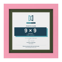 Baby Pink 11 x 11 inch picture frame with a green mount for a 9 x 9 inch photo
