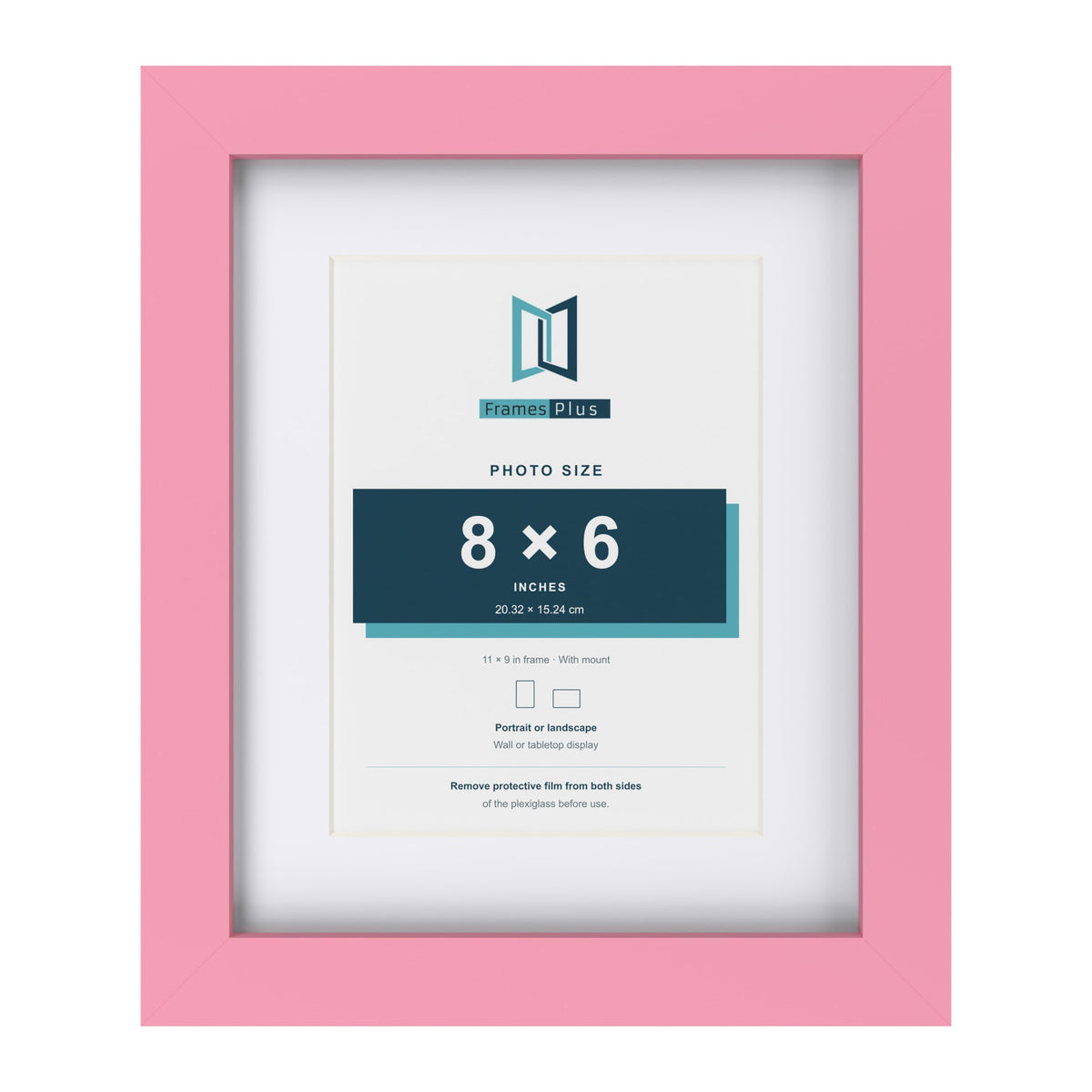 Baby Pink 11 x 9 inch picture frame with a white mount for an 8 x 6 inch photo
