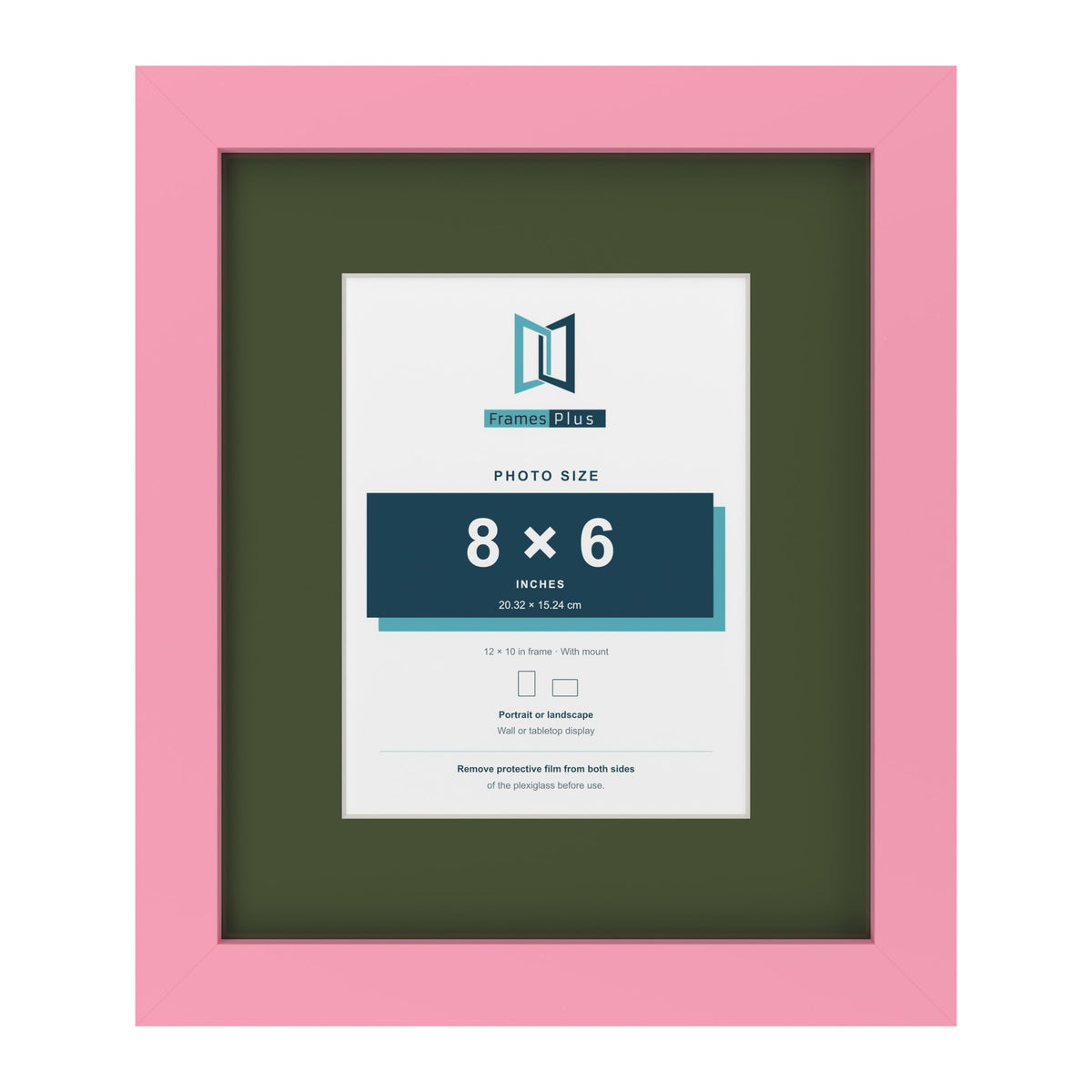 Baby Pink 12 x 10 inch picture frame with a green mount for an 8 x 6 inch photo