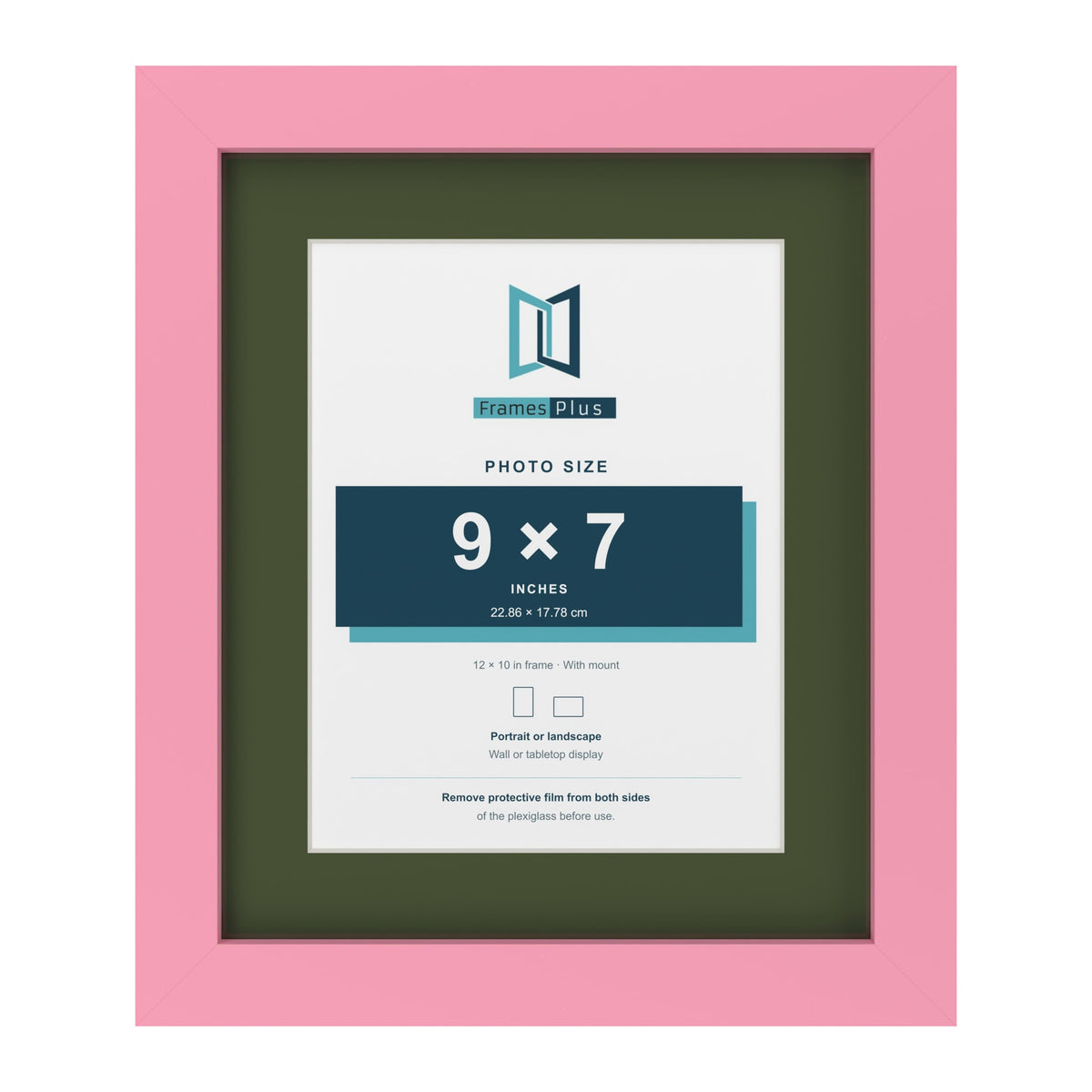 Baby Pink 12 x 10 inch picture frame with a green mount for a 9 x 7 inch photo