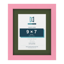 Baby Pink 12 x 10 inch picture frame with a green mount for a 9 x 7 inch photo