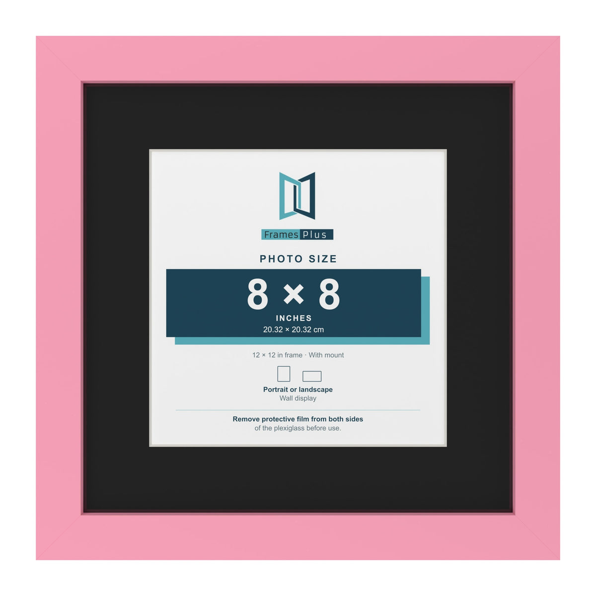 Baby Pink 12 x 12 inch picture frame with a black mount for an 8 x 8 inch photo
