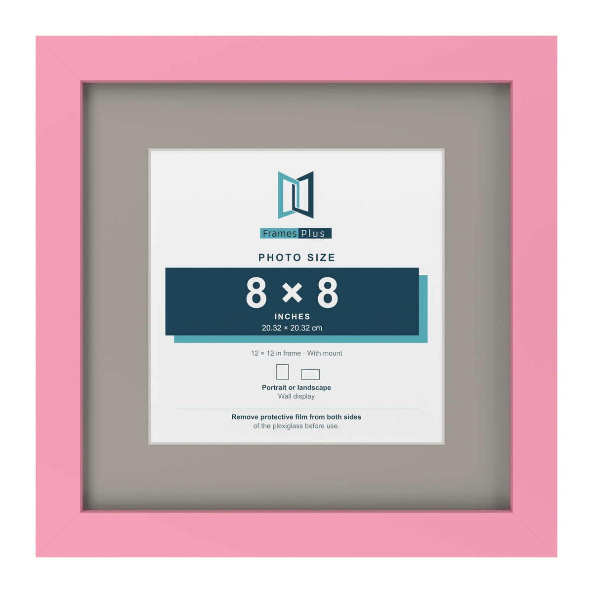 Baby Pink 12 x 12 inch picture frame with a Dawn Grey mount for an 8 x 8 inch photo