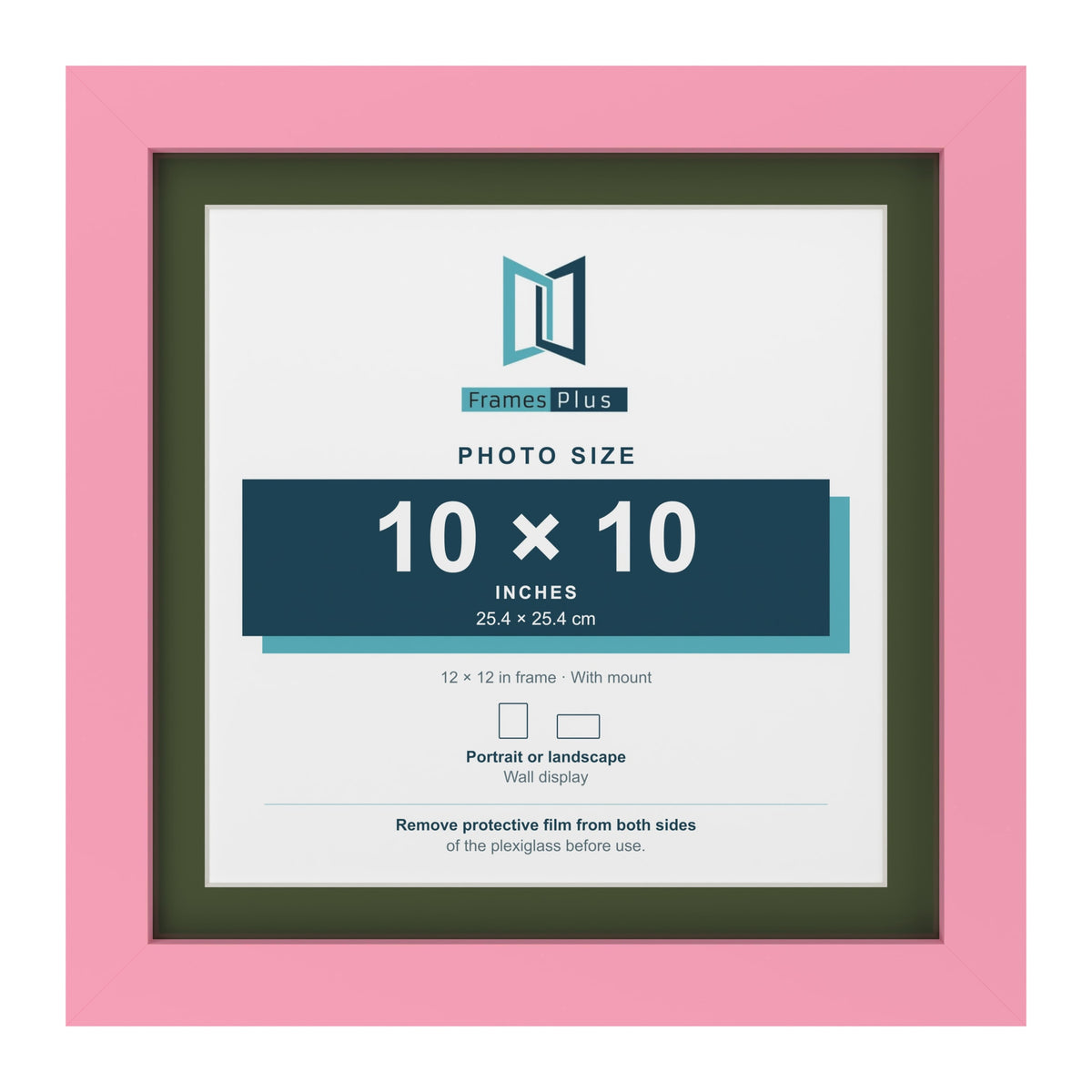 Baby Pink 12 x 12 inch picture frame with a green mount for a 10 x 10 inch photo