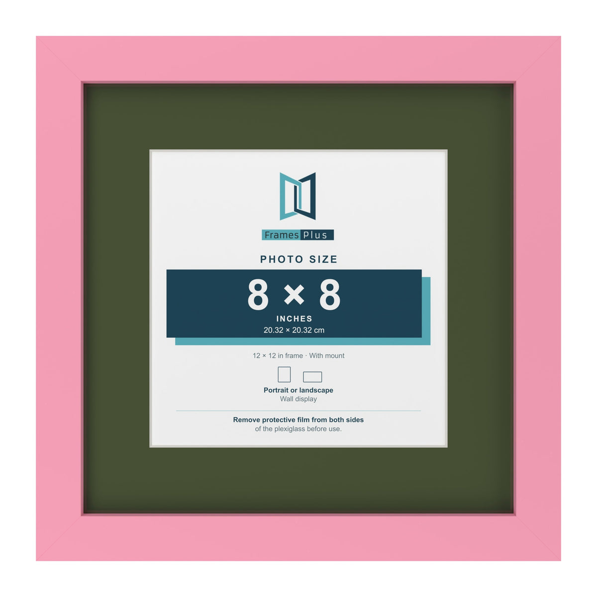 Baby Pink 12 x 12 inch picture frame with a green mount for an 8 x 8 inch photo