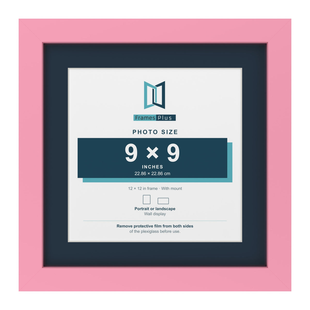 Baby Pink 12 x 12 inch picture frame with a Pacific Blue mount for a 9 x 9 inch photo