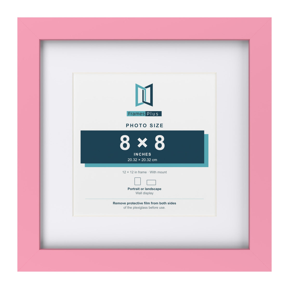 Baby Pink 12 x 12 inch picture frame with a white mount for a 8 x 8 inch photo