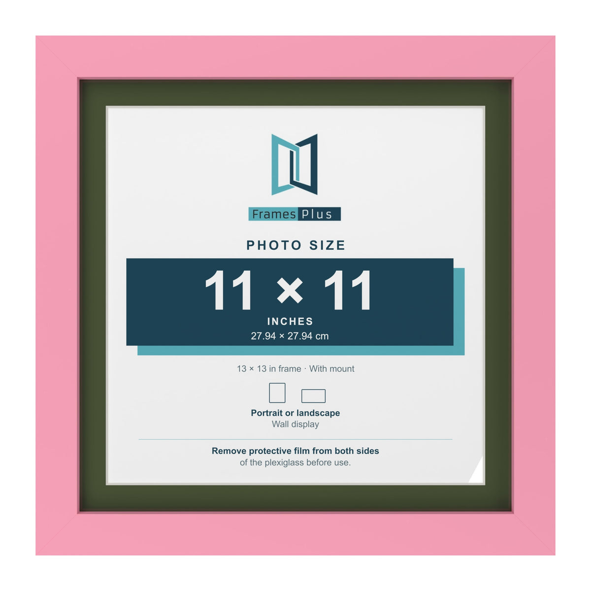 Baby Pink 13 x 13 inch picture frame with a green mount for an 11 x 11 inch photo
