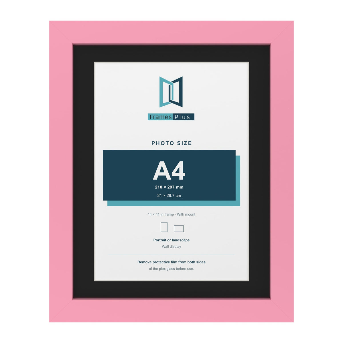 Baby Pink 14 x 11 inch picture frame with a black mount for an A4 photo