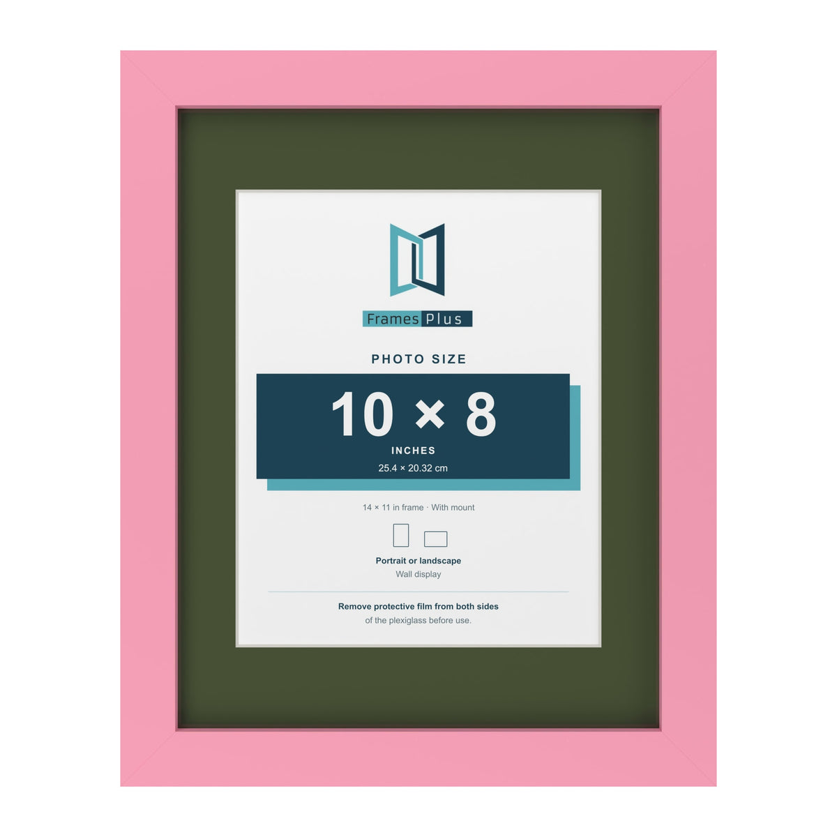 Baby Pink 14 x 11 inch picture frame with a green mount for a 10 x 8 inch photo
