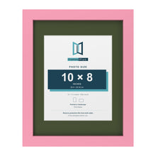 Baby Pink 14 x 11 inch picture frame with a green mount for a 10 x 8 inch photo