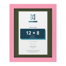 Baby Pink 14 x 11 inch picture frame with a green mount for a 12 x 8 inch photo