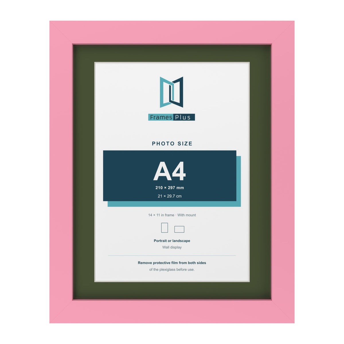 Baby Pink 14 x 11 inch picture frame with a green mount for an A4 photo