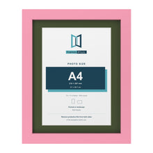 Baby Pink 14 x 11 inch picture frame with a green mount for an A4 photo